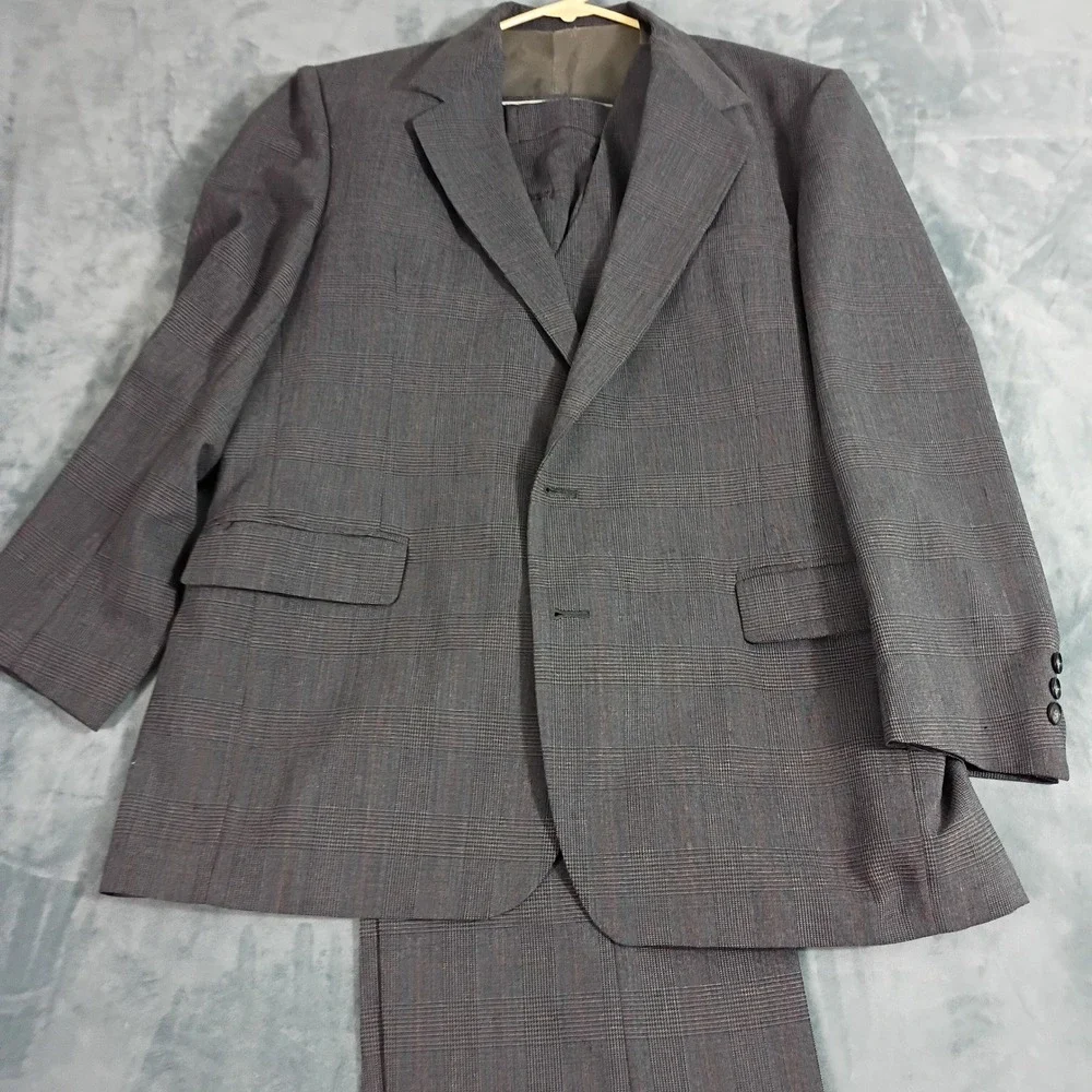 Oakton Ltd Mens 46R 3 Piece Suit Grey Glen Plaid Worsted Wool Blend Vest Pants
